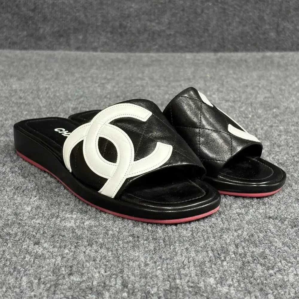 Chanel Cambon Slide Sandals Womens 5.5 Black Leather Quilted Logo Flat Shoe Pink